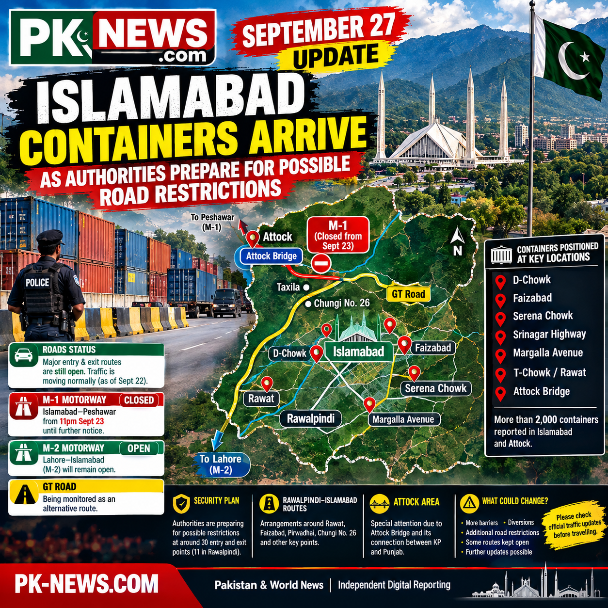 Islamabad September 23 Update: Containers Arrive as Authorities Prepare for Possible Road Restrictions